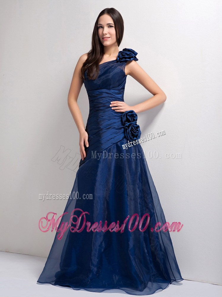 Navy Blue One Shoulder Hand Made Flowers Celebrity Dresses