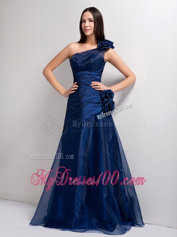 Navy Blue One Shoulder Hand Made Flowers Celebrity Dresses