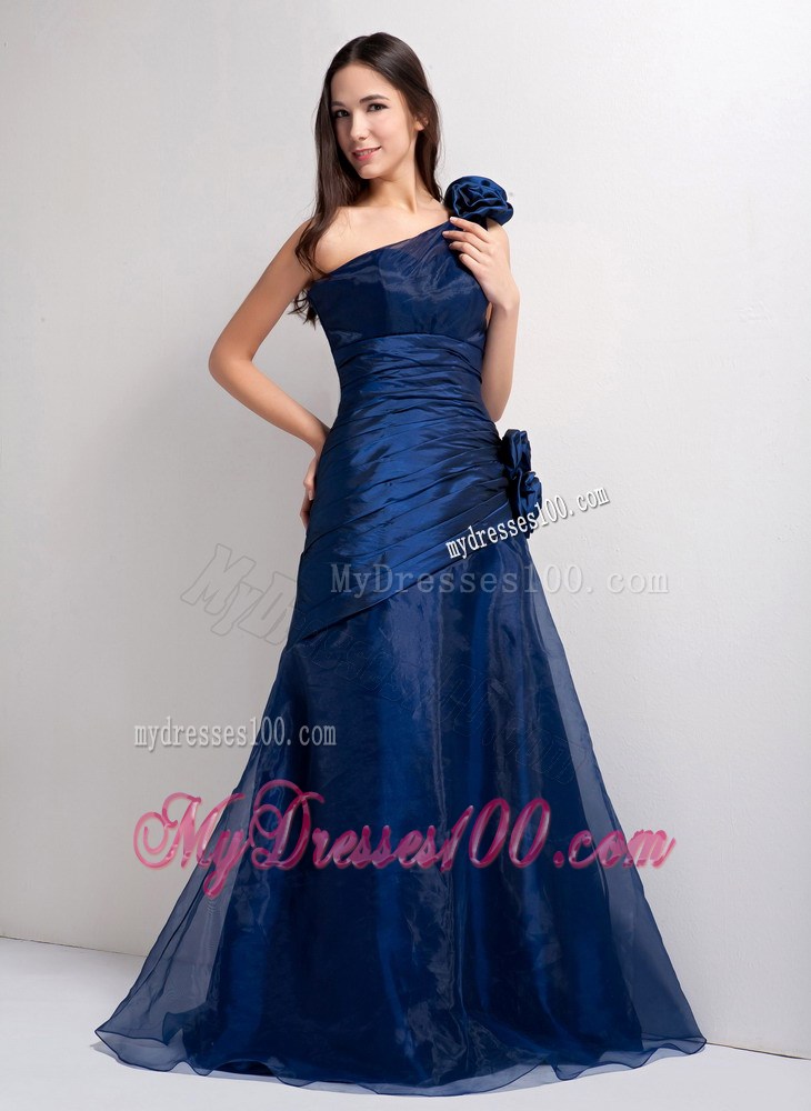 Navy Blue One Shoulder Hand Made Flowers Celebrity Dresses