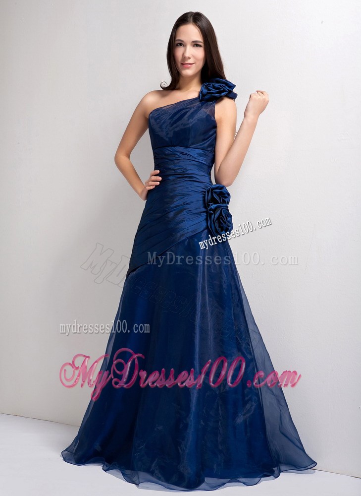Navy Blue One Shoulder Hand Made Flowers Celebrity Dresses