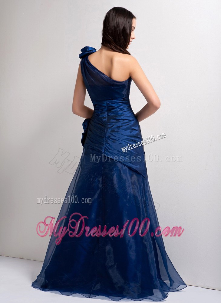 Navy Blue One Shoulder Hand Made Flowers Celebrity Dresses
