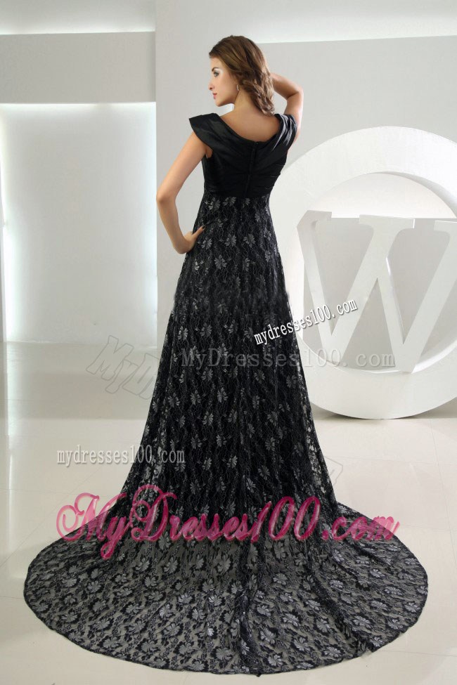 2013 Lace Empire V-neck High Slit Black Celebrity Celebrity Dresses