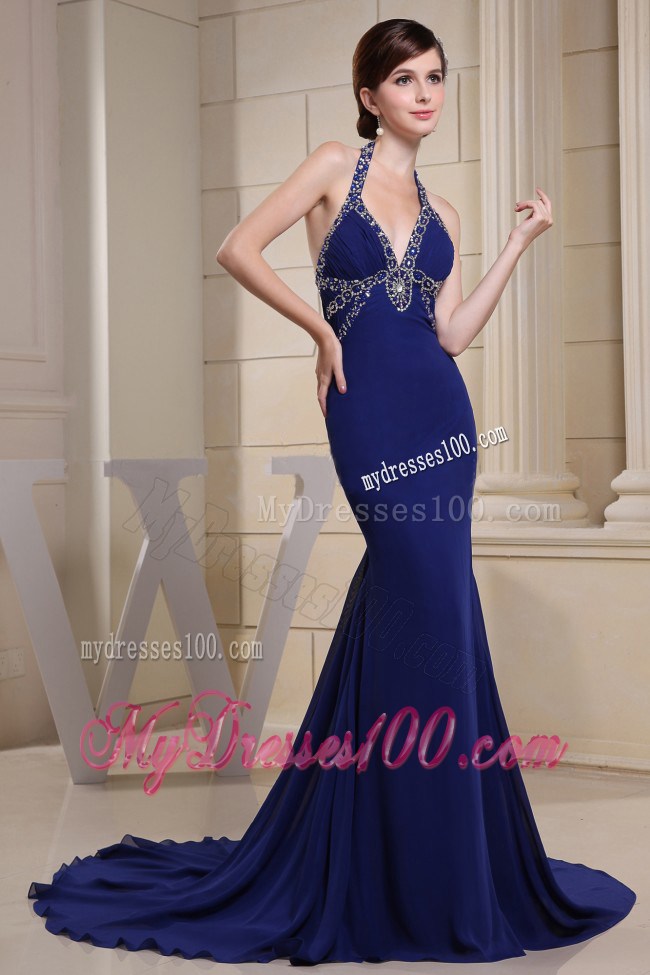 Mermaid Celebrity Dress With Halter Beading and Ruche Custom Made