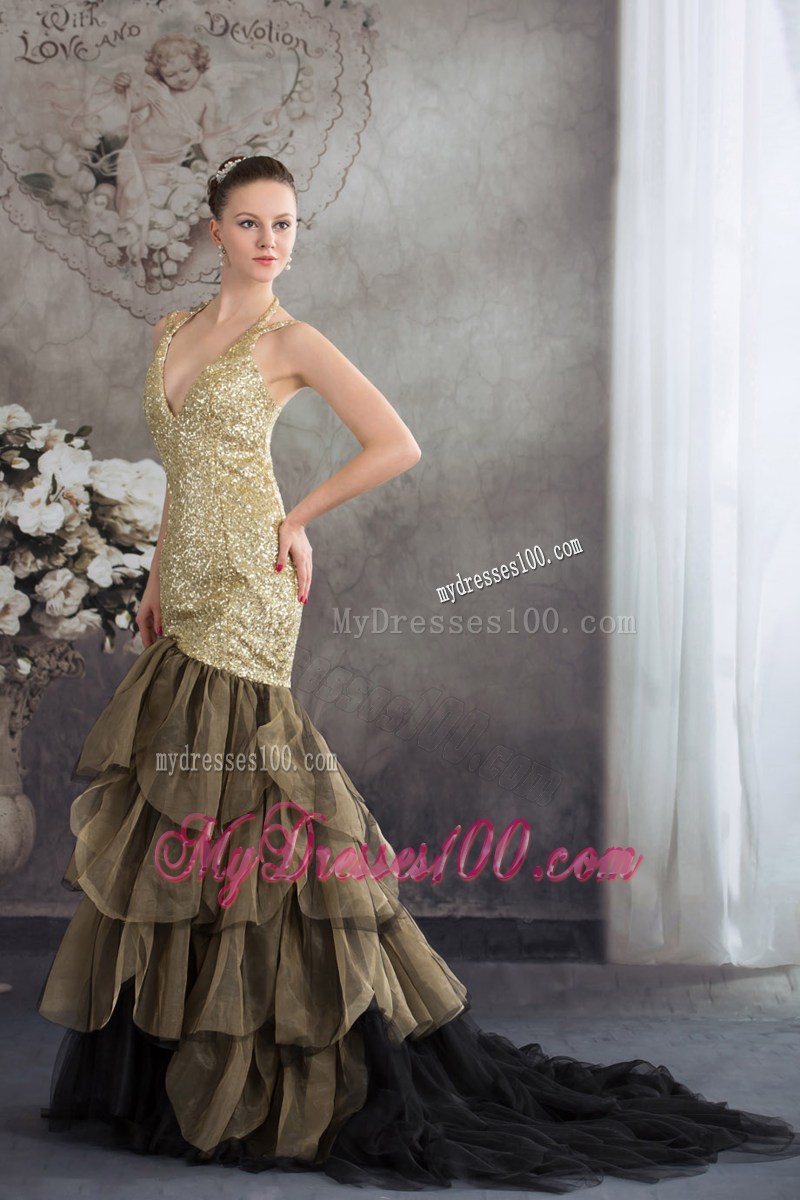 Mermaid V-neck Ruffles Sequins Celebrity Dresses for Party 2013