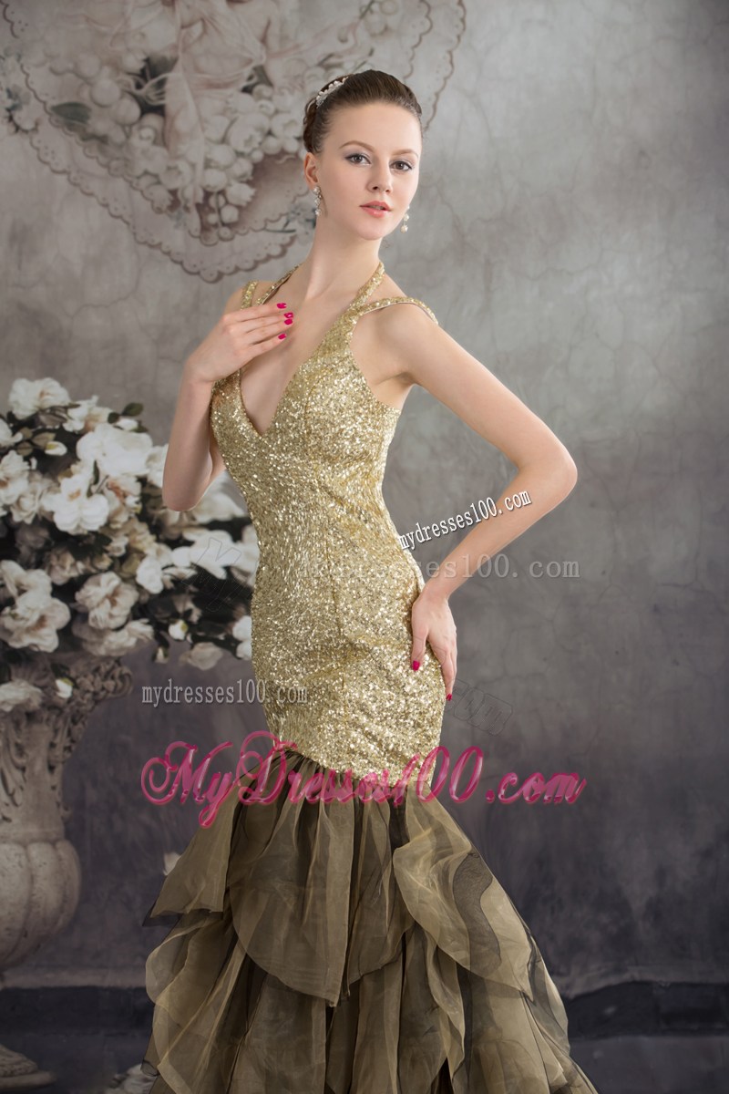 Mermaid V-neck Ruffles Sequins Celebrity Dresses for Party 2013