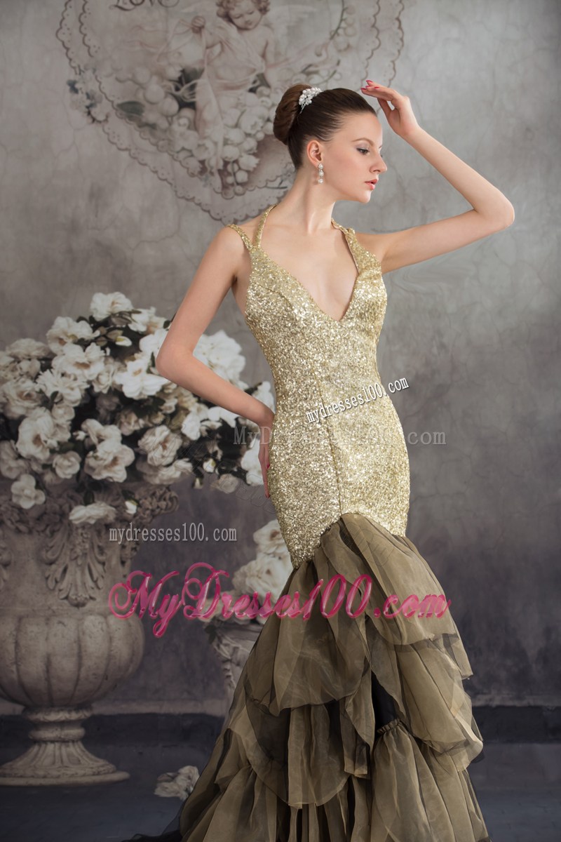 Mermaid V-neck Ruffles Sequins Celebrity Dresses for Party 2013