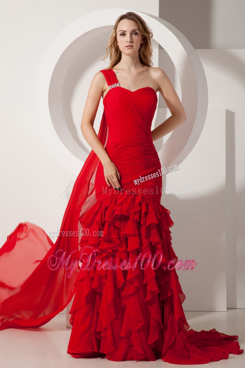 2013 Red Mermaid Watteau Ruffles Celebrity Dresses One Shoulder