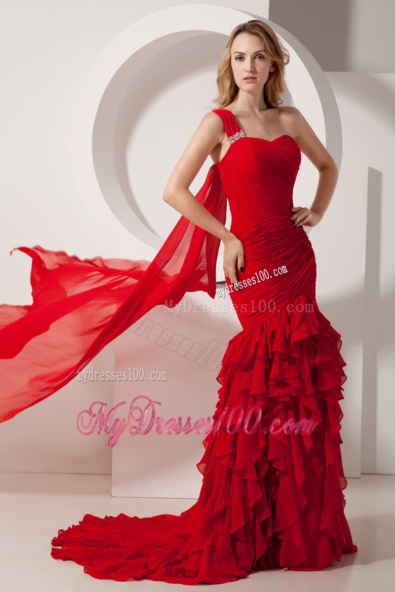 2013 Red Mermaid Watteau Ruffles Celebrity Dresses One Shoulder