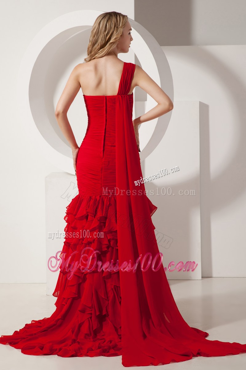 2013 Red Mermaid Watteau Ruffles Celebrity Dresses One Shoulder