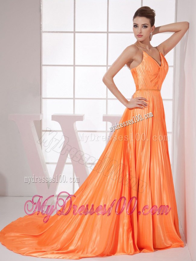 Orange Red Beading Pleat Elastic Woven Satin 2013 Celebrity Dresses