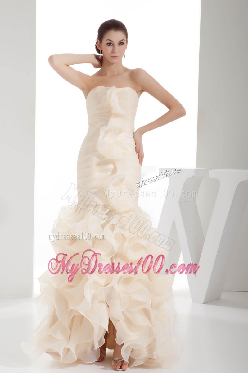 Ruching Ruffles Strapless Champagne Mermaid Celebrity Dresses
