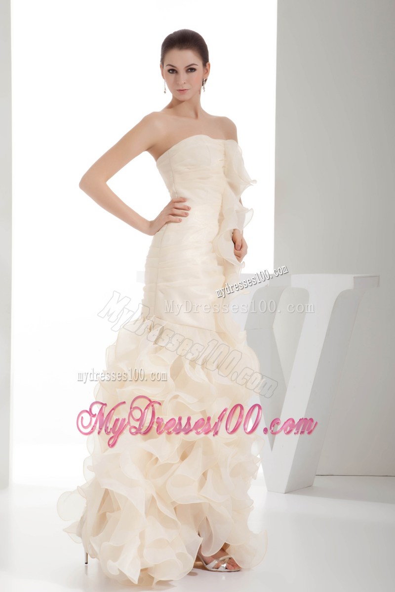 Ruching Ruffles Strapless Champagne Mermaid Celebrity Dresses