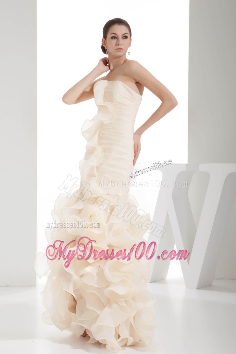 Ruching Ruffles Strapless Champagne Mermaid Celebrity Dresses