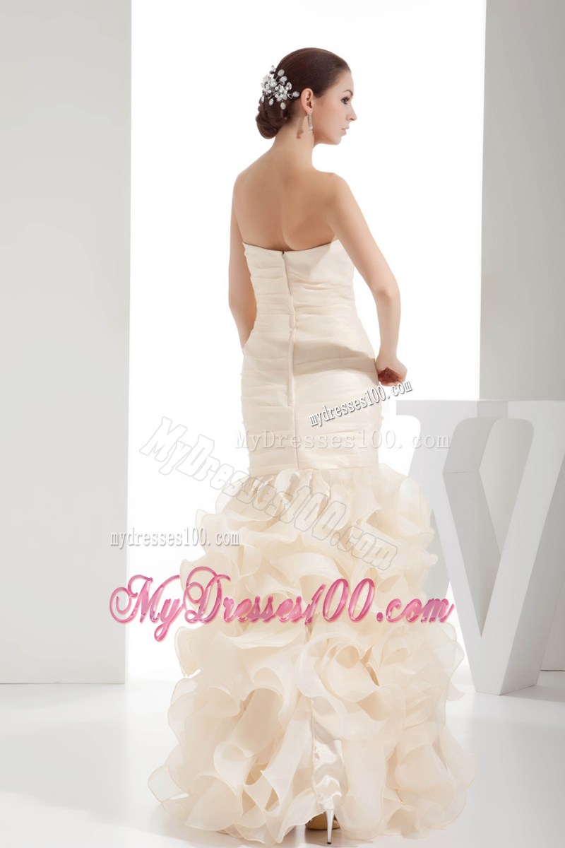 Ruching Ruffles Strapless Champagne Mermaid Celebrity Dresses