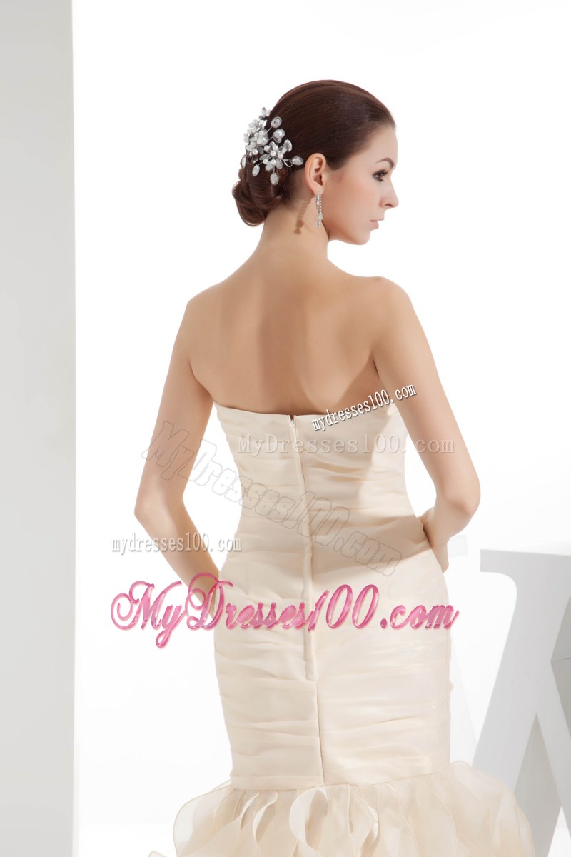 Ruching Ruffles Strapless Champagne Mermaid Celebrity Dresses