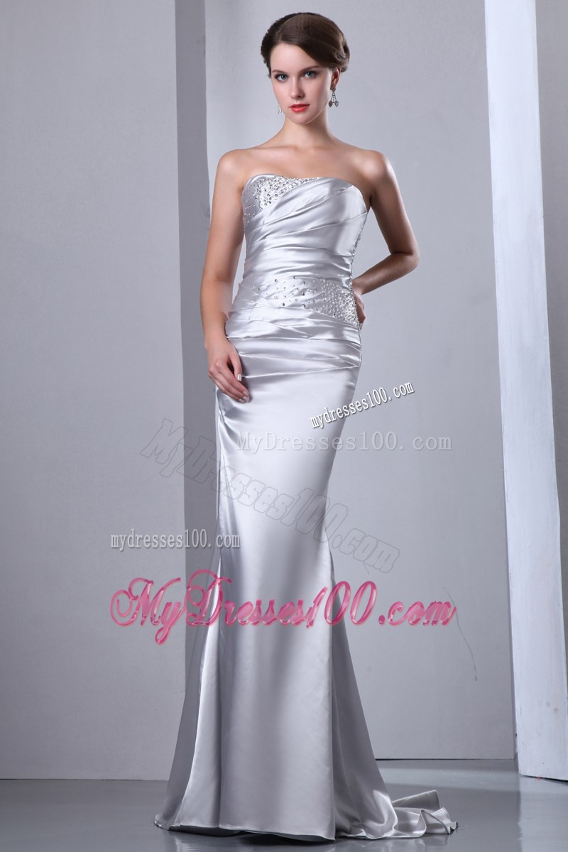 Sliver Celebrity Dresses Column Strapless Beading Elastic Wove Satin