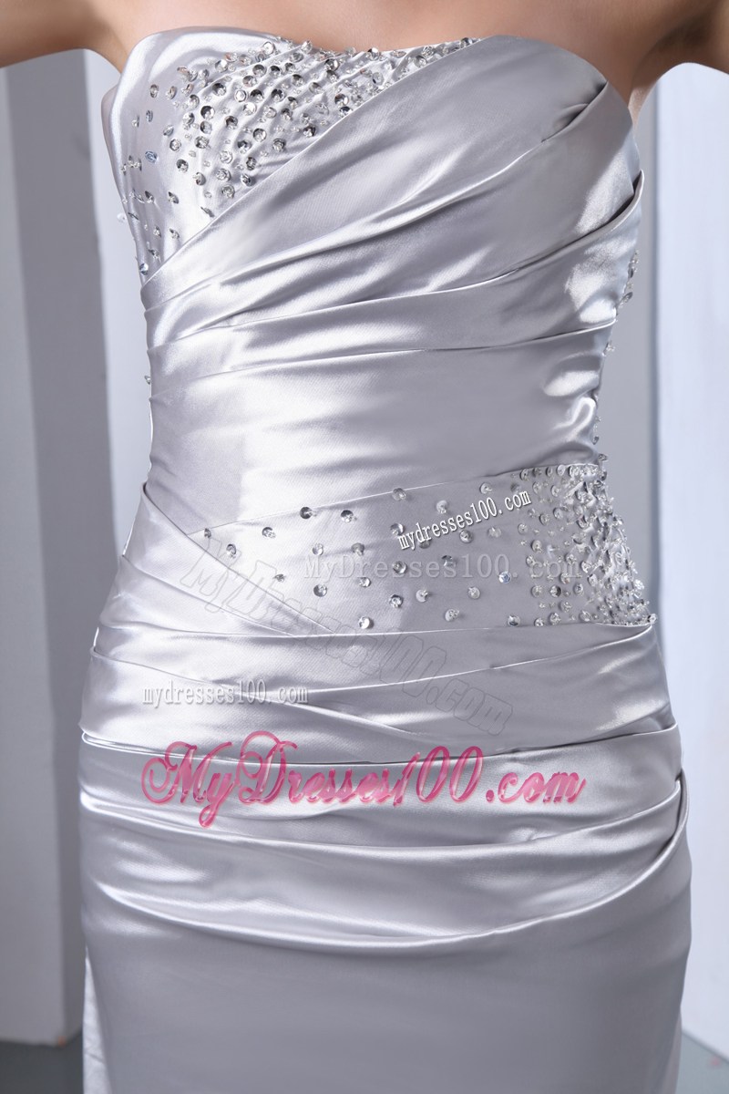 Sliver Celebrity Dresses Column Strapless Beading Elastic Wove Satin