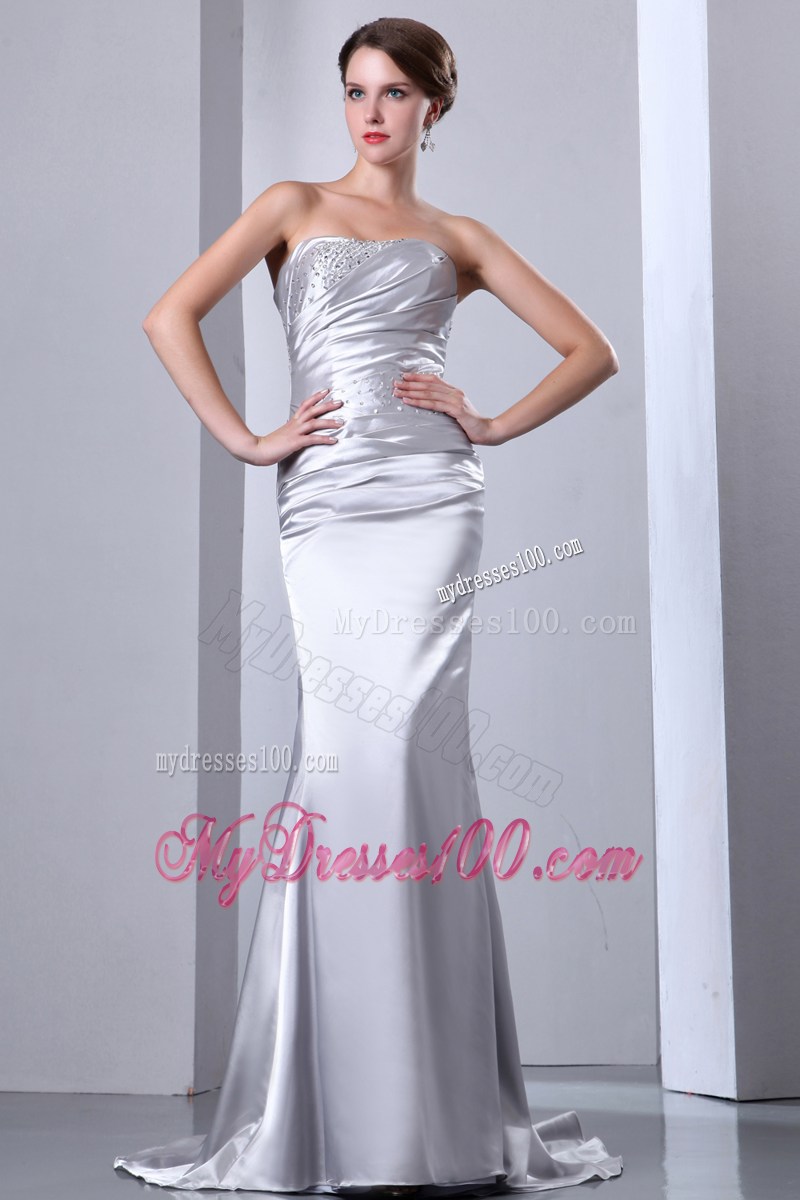Sliver Celebrity Dresses Column Strapless Beading Elastic Wove Satin