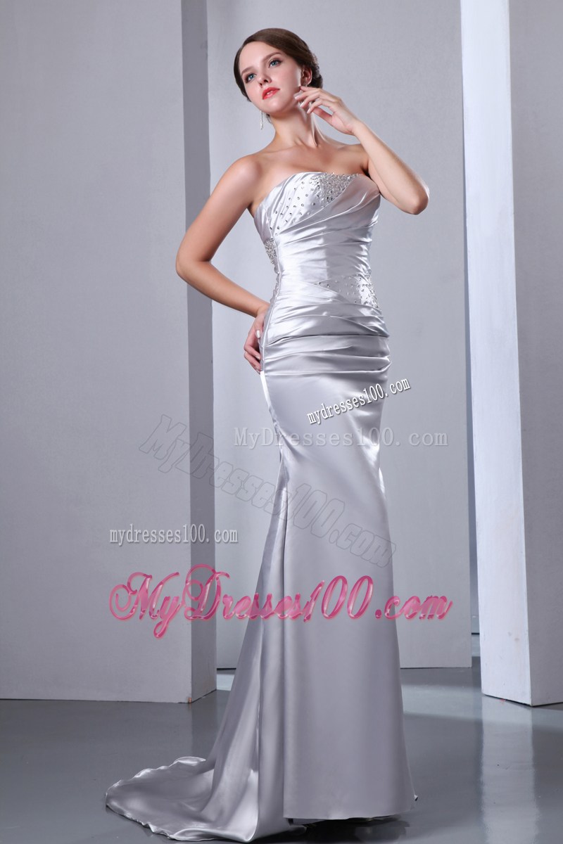 Sliver Celebrity Dresses Column Strapless Beading Elastic Wove Satin