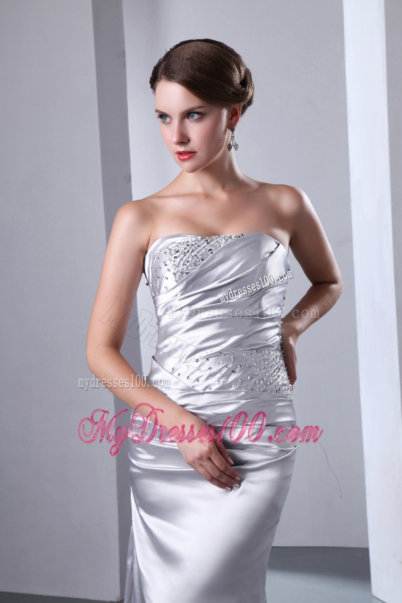 Sliver Celebrity Dresses Column Strapless Beading Elastic Wove Satin