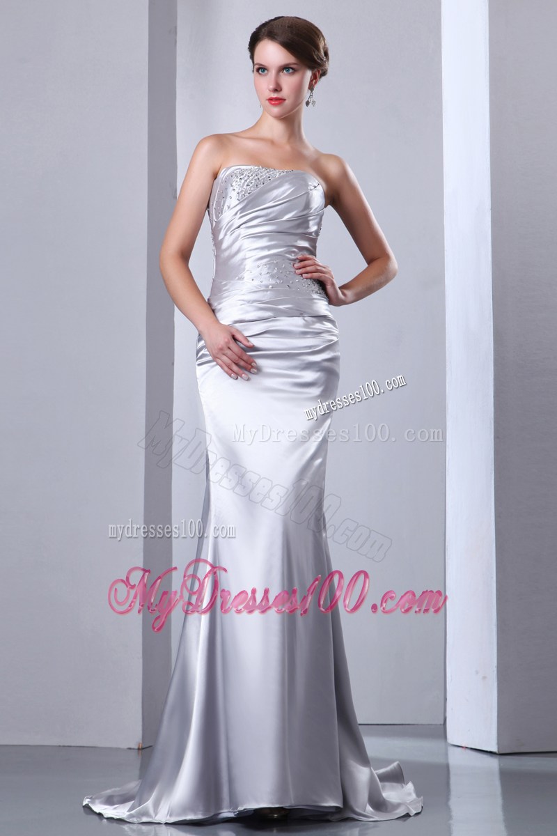 Sliver Celebrity Dresses Column Strapless Beading Elastic Wove Satin