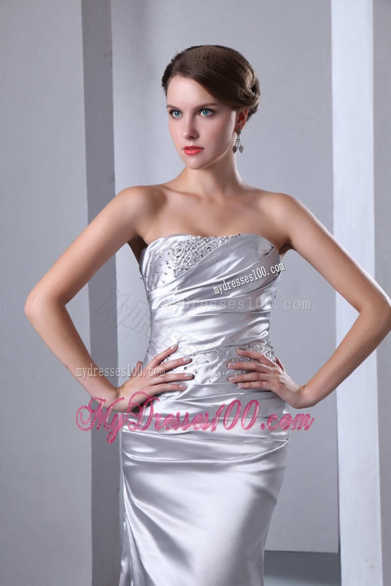 Sliver Celebrity Dresses Column Strapless Beading Elastic Wove Satin