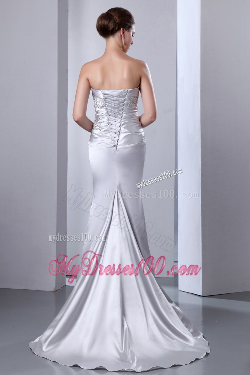 Sliver Celebrity Dresses Column Strapless Beading Elastic Wove Satin