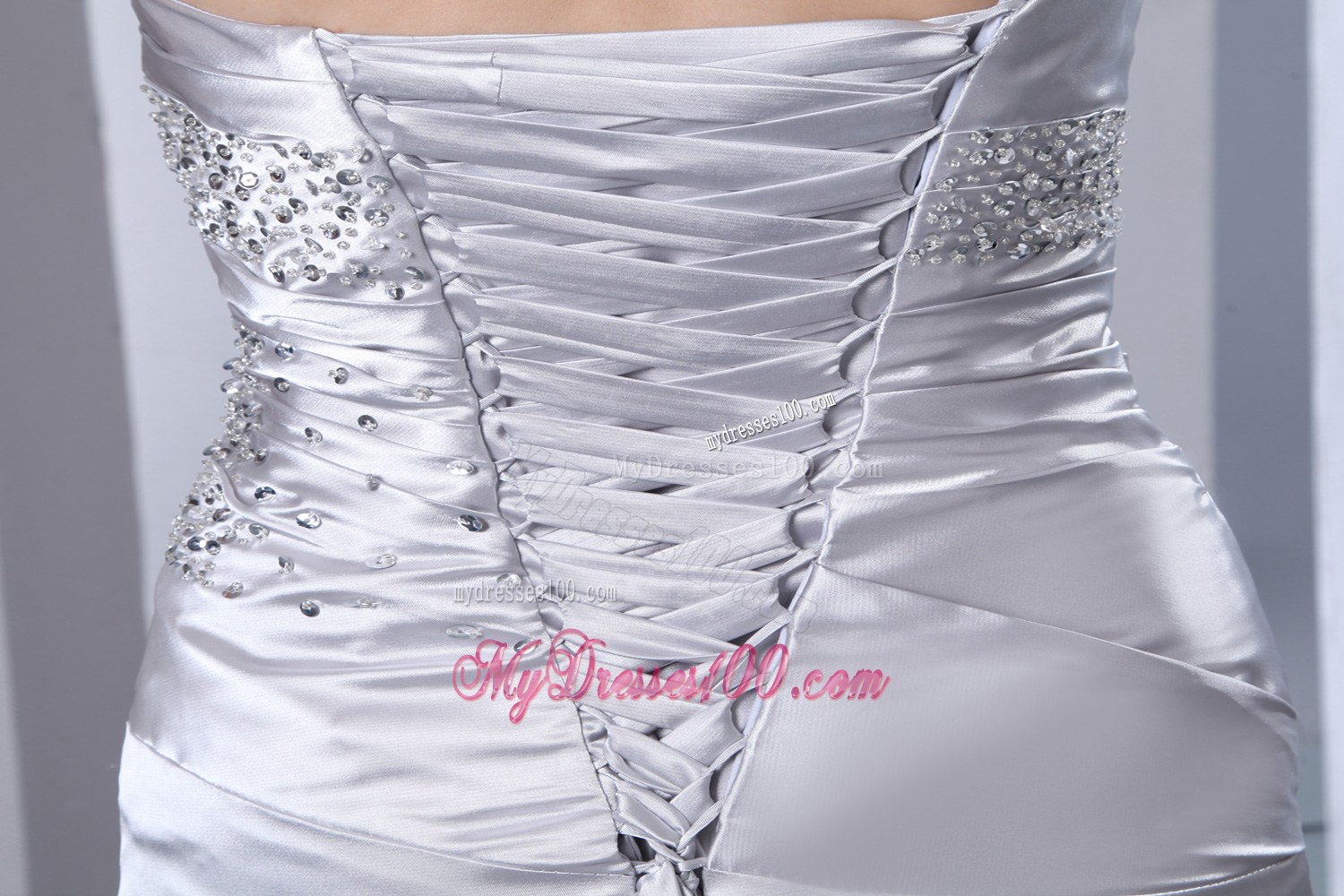 Sliver Celebrity Dresses Column Strapless Beading Elastic Wove Satin