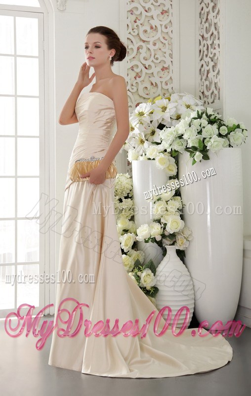 Champagne Column Strapless Pleat and Beading Long Celebrity Dresses