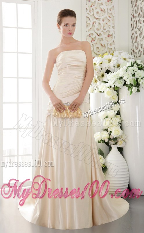 Champagne Column Strapless Pleat and Beading Long Celebrity Dresses