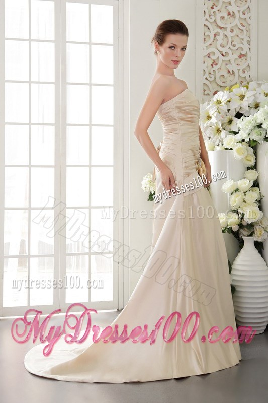 Champagne Column Strapless Pleat and Beading Long Celebrity Dresses