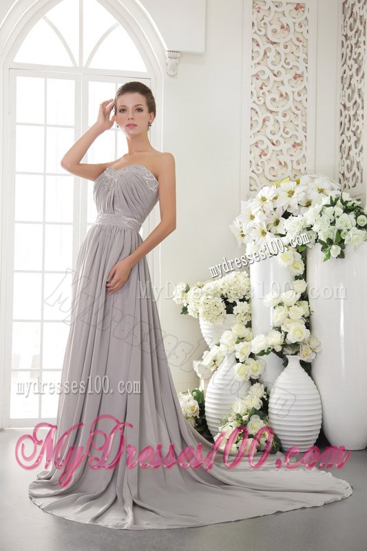 Grey Sweetheart Brush Train Beading and Ruched Celebrity Dresses