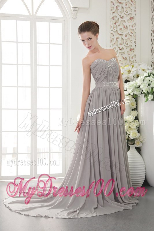 Grey Sweetheart Brush Train Beading and Ruched Celebrity Dresses
