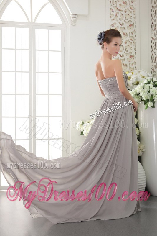 Grey Sweetheart Brush Train Beading and Ruched Celebrity Dresses