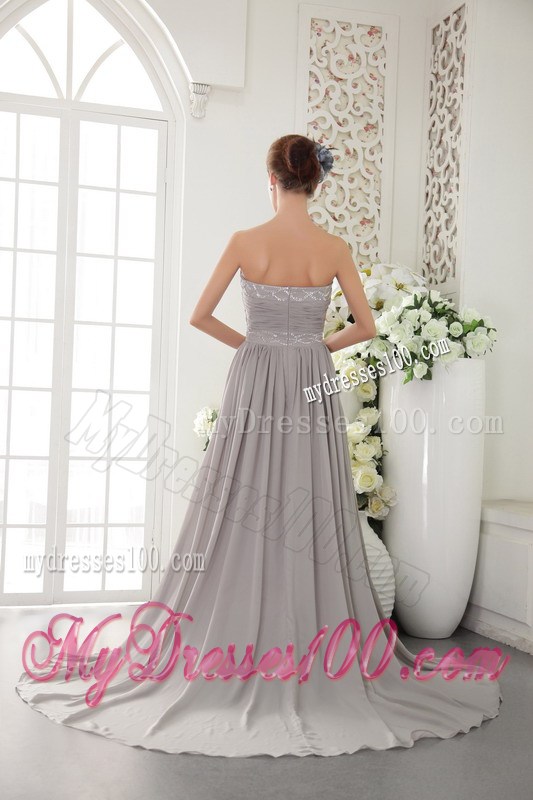 Grey Sweetheart Brush Train Beading and Ruched Celebrity Dresses