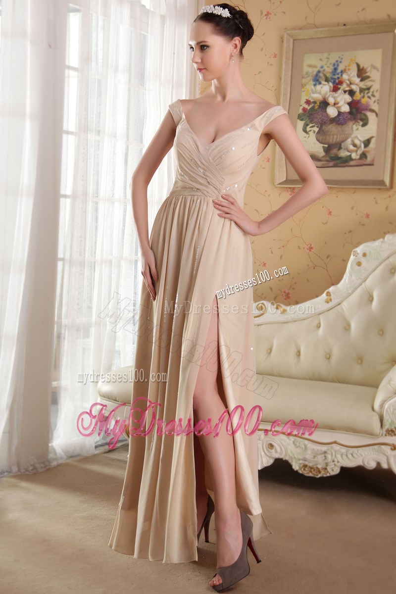 Champagne Empire V-neck Ankle-length Sequins Celebrity Dresses