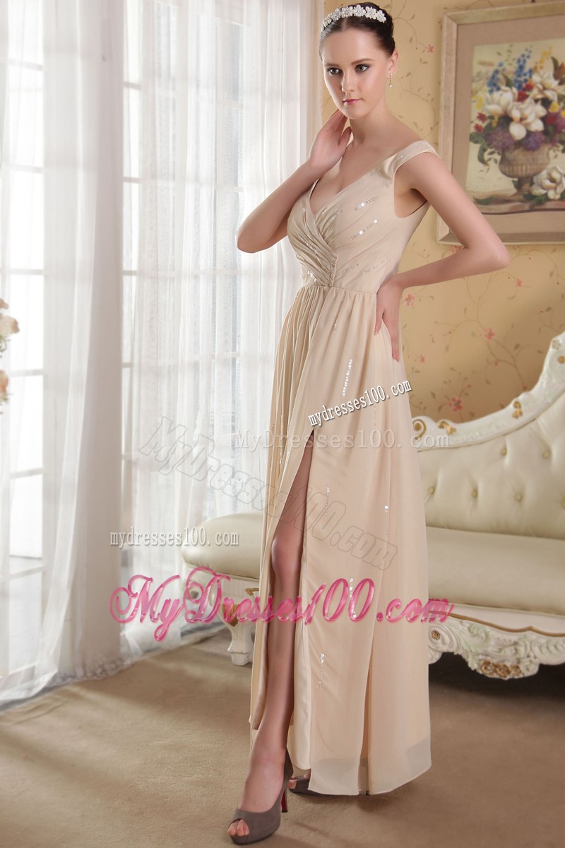 Champagne Empire V-neck Ankle-length Sequins Celebrity Dresses