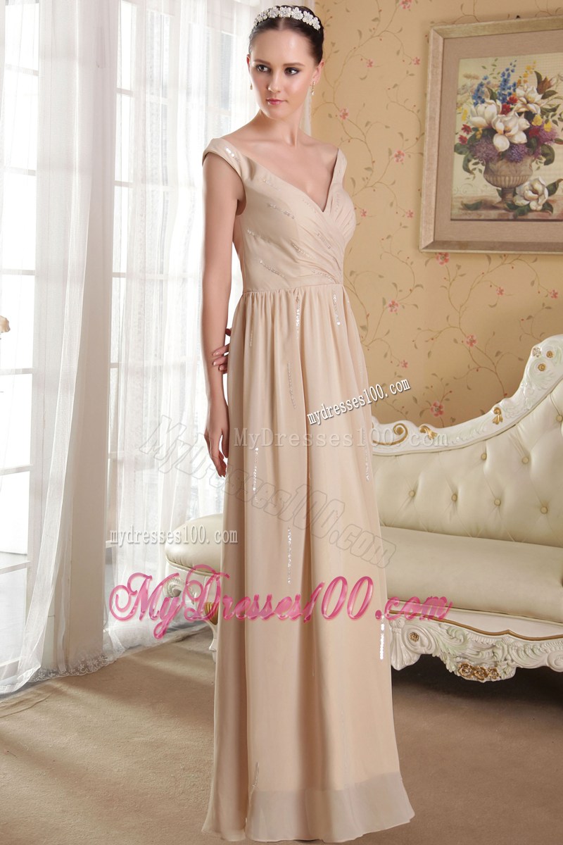 Champagne Empire V-neck Ankle-length Sequins Celebrity Dresses