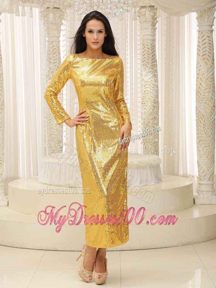 Long Sleeves with Paillette Over Skirt Ankle-length Celebrity Dress