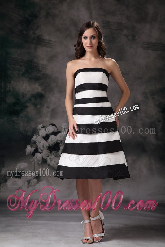 Black and White Strapless Knee-length Beading Celebrity Dresses