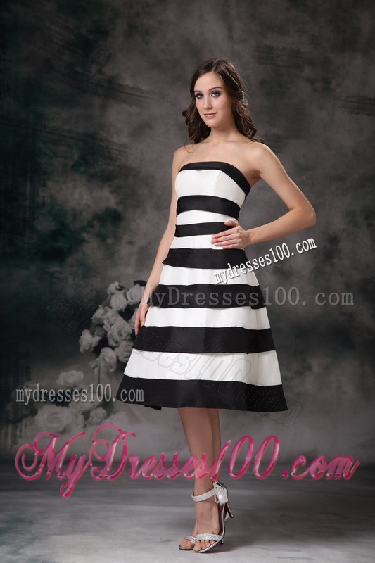 Black and White Strapless Knee-length Beading Celebrity Dresses