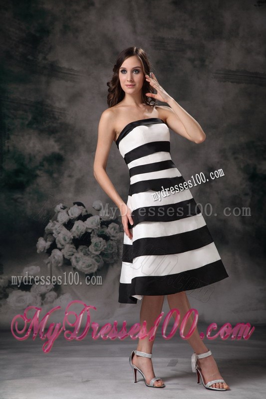Black and White Strapless Knee-length Beading Celebrity Dresses