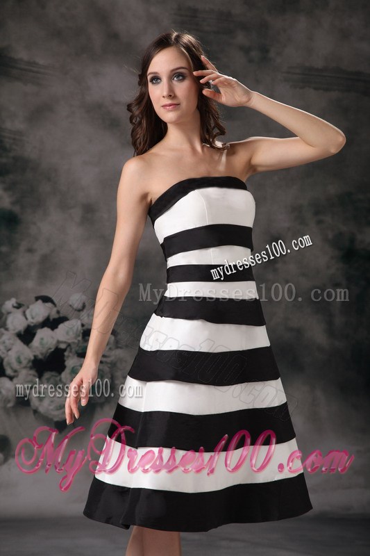 Black and White Strapless Knee-length Beading Celebrity Dresses