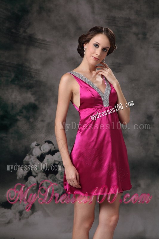 Sexy Fuchsia V-neck Mini-length Celebrity Dresses with Beading
