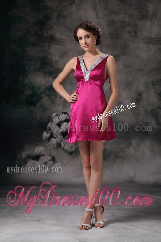 Sexy Fuchsia V-neck Mini-length Celebrity Dresses with Beading