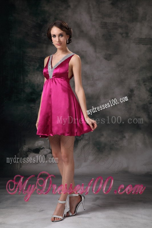 Sexy Fuchsia V-neck Mini-length Celebrity Dresses with Beading