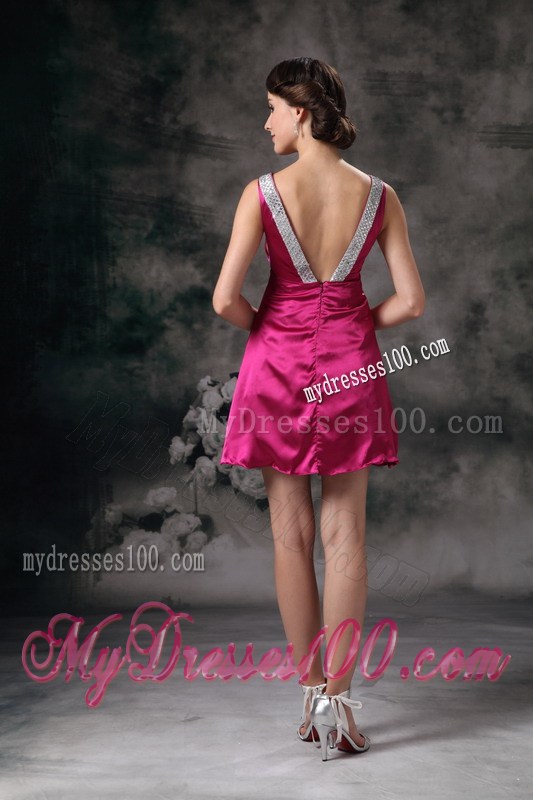 Sexy Fuchsia V-neck Mini-length Celebrity Dresses with Beading