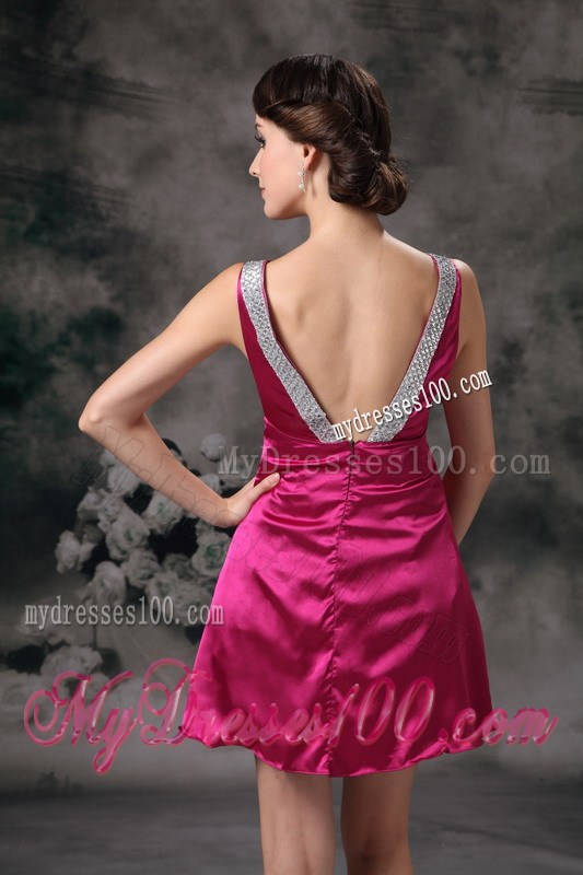 Sexy Fuchsia V-neck Mini-length Celebrity Dresses with Beading