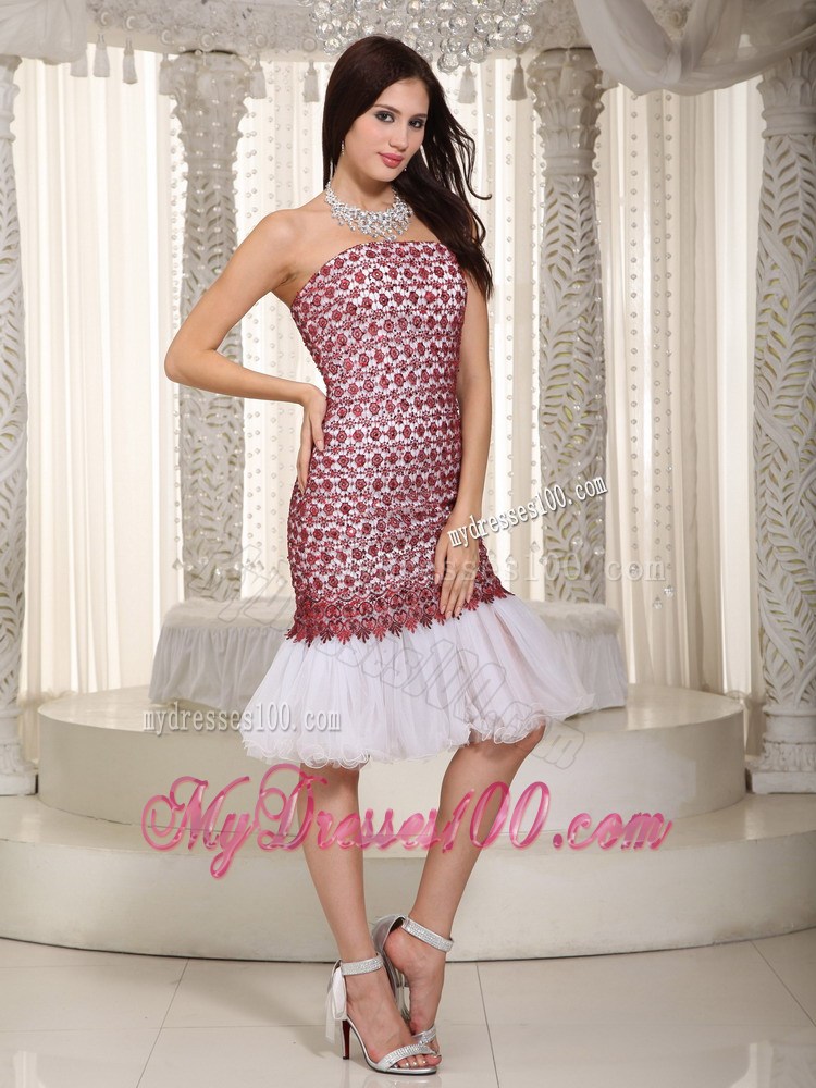 White Mermaid Strapless Knee-length Lace Prom Celebrity Dresses