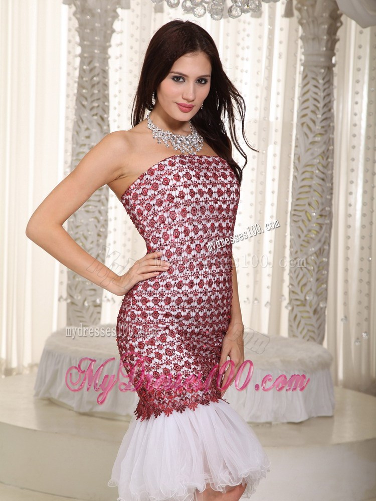 White Mermaid Strapless Knee-length Lace Prom Celebrity Dresses